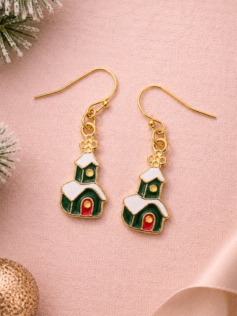 Christmas Church Dangle Earrings Snow Enamel Gold Green Red Holiday